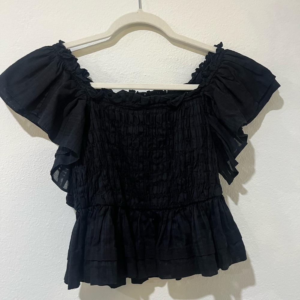 Banana Republic Black Smocked Ruffle Top